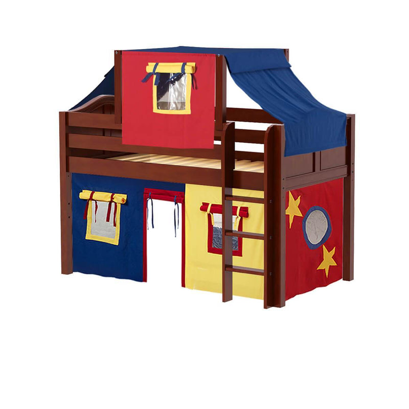 Maxtrix Twin Low Loft Bed with Straight Ladder, Curtain + Top Tent