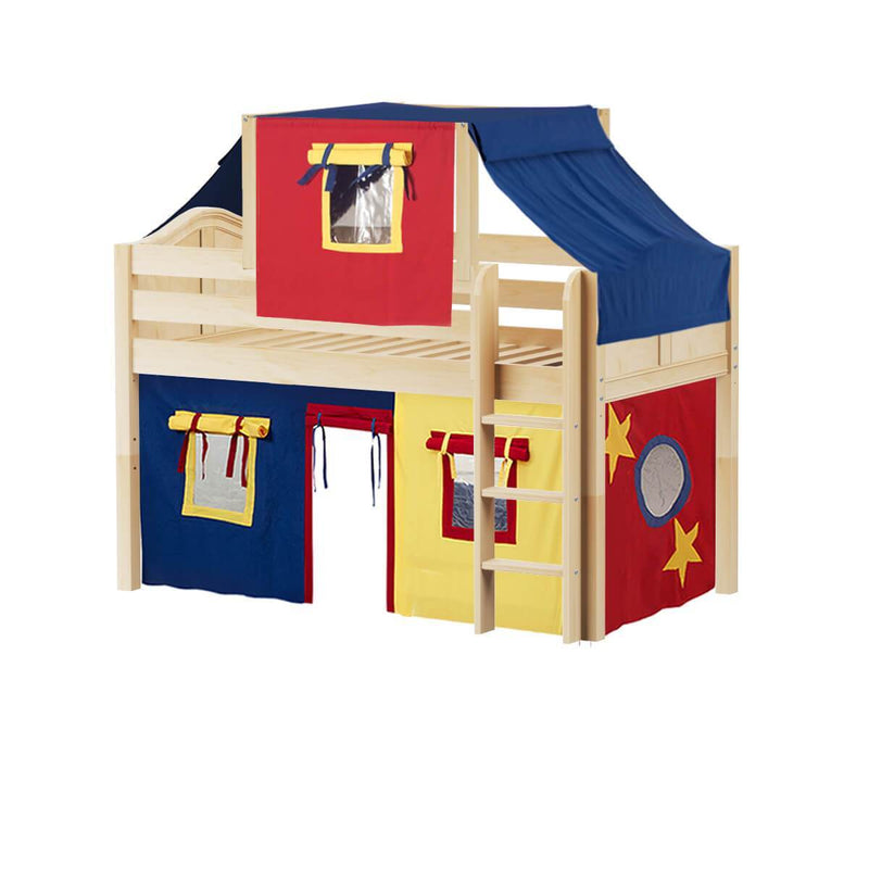 Maxtrix Twin Low Loft Bed with Straight Ladder, Curtain + Top Tent