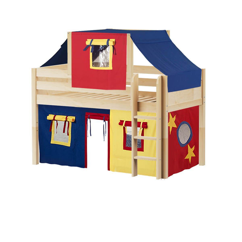 Maxtrix Twin Low Loft Bed with Straight Ladder, Curtain + Top Tent