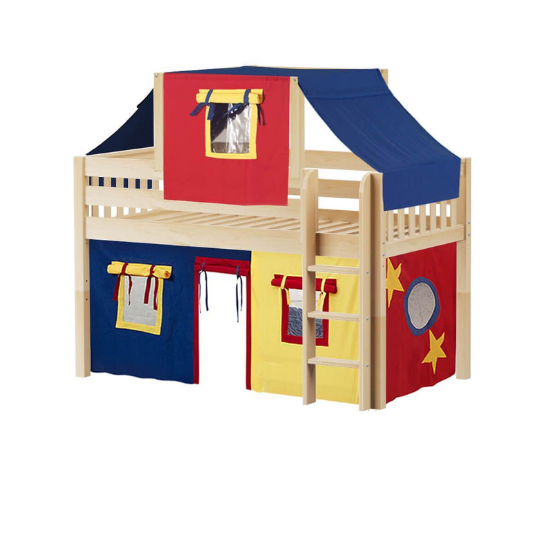 Maxtrix Twin Low Loft Bed with Straight Ladder, Curtain + Top Tent