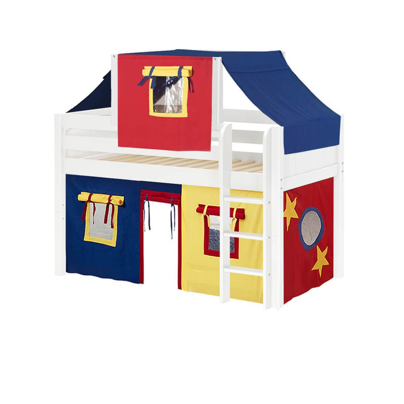 Maxtrix Twin Low Loft Bed with Straight Ladder, Curtain + Top Tent