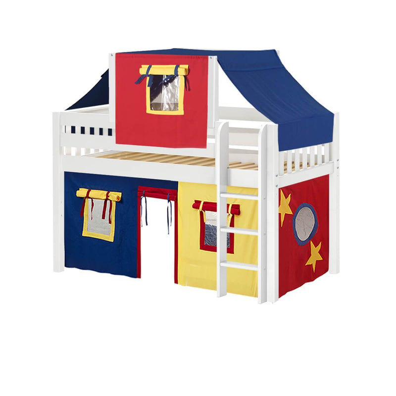 Maxtrix Twin Low Loft Bed with Straight Ladder, Curtain + Top Tent