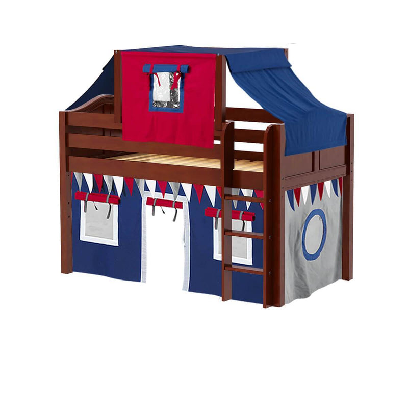 Maxtrix Twin Low Loft Bed with Straight Ladder, Curtain + Top Tent