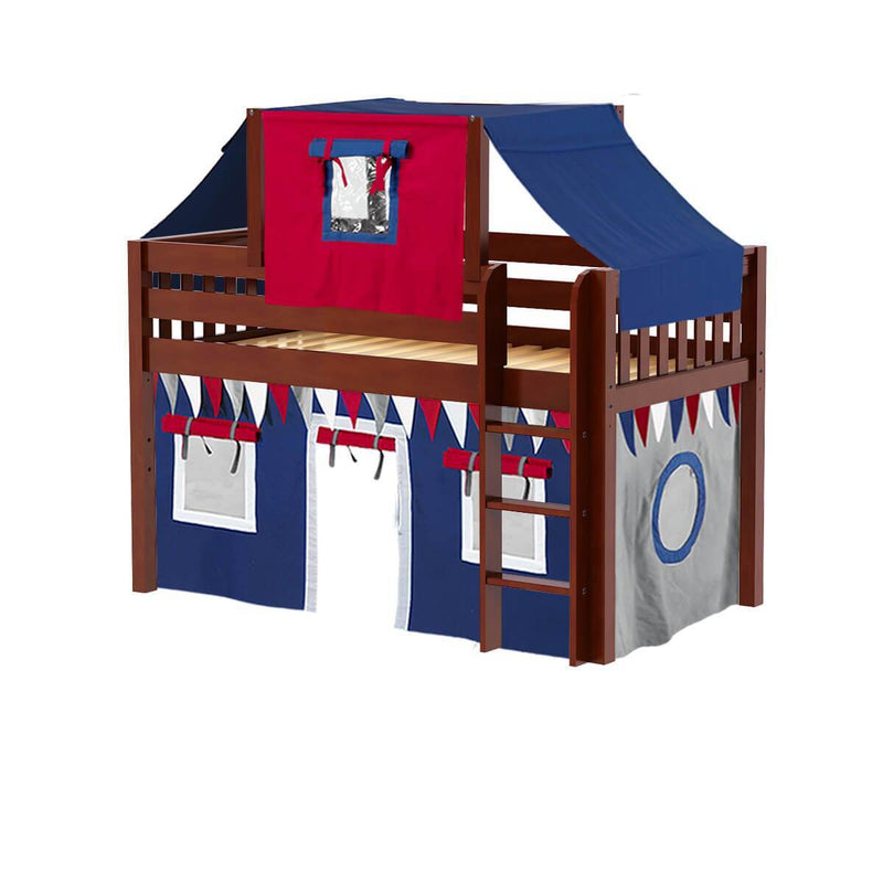 Maxtrix Twin Low Loft Bed with Straight Ladder, Curtain + Top Tent