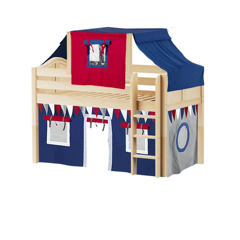 Maxtrix Twin Low Loft Bed with Straight Ladder, Curtain + Top Tent