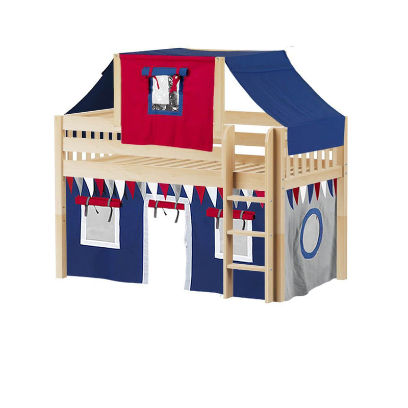 Maxtrix Twin Low Loft Bed with Straight Ladder, Curtain + Top Tent