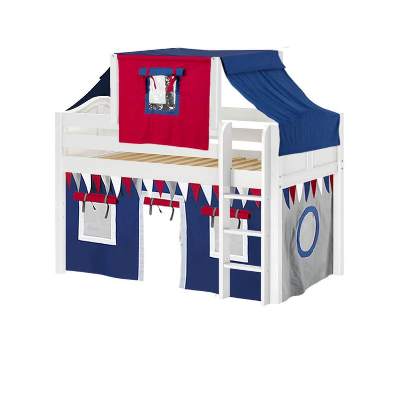 Maxtrix Twin Low Loft Bed with Straight Ladder, Curtain + Top Tent