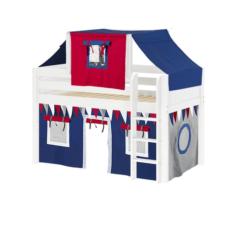 Maxtrix Twin Low Loft Bed with Straight Ladder, Curtain + Top Tent