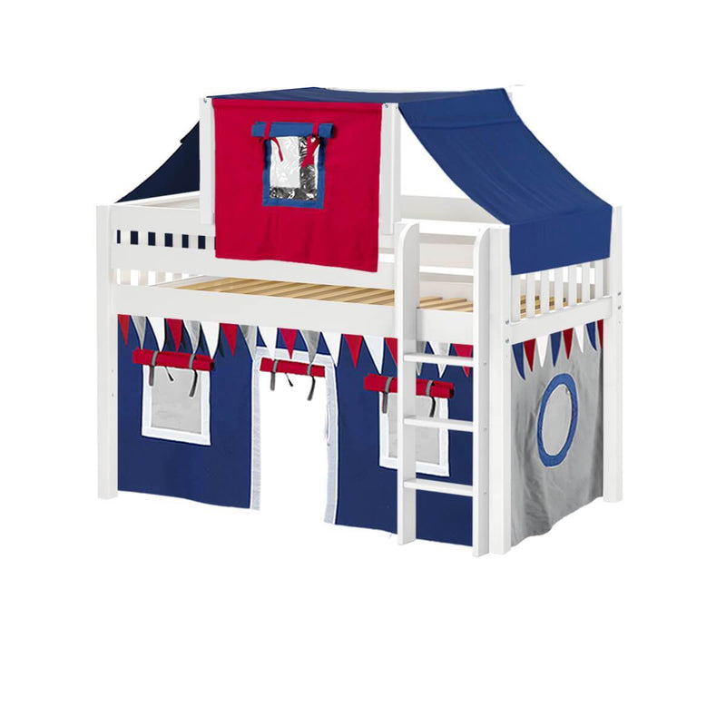 Maxtrix Twin Low Loft Bed with Straight Ladder, Curtain + Top Tent