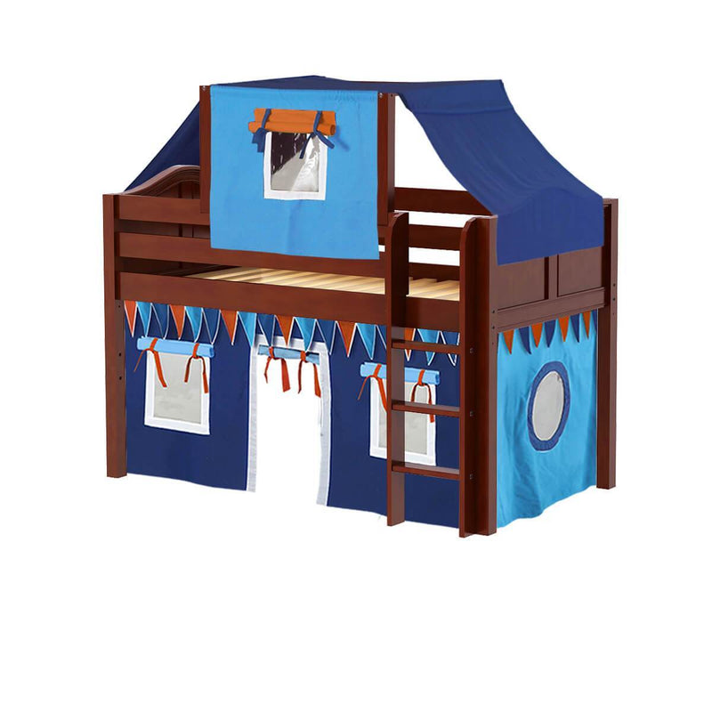 Maxtrix Twin Low Loft Bed with Straight Ladder, Curtain + Top Tent