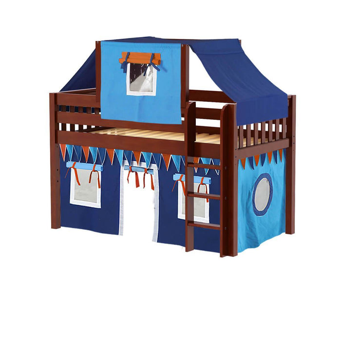 Maxtrix Twin Low Loft Bed with Straight Ladder, Curtain + Top Tent