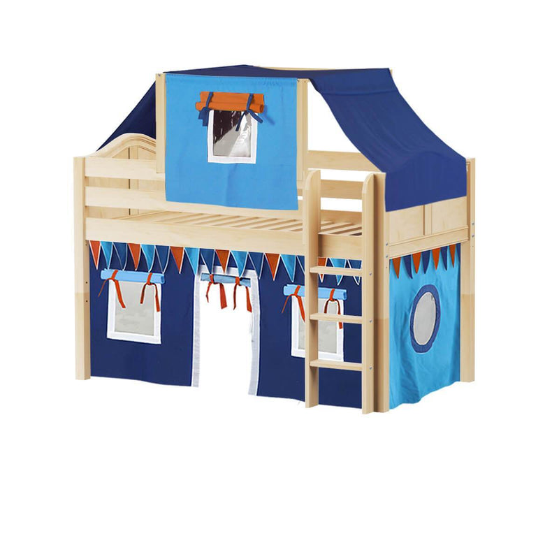 Maxtrix Twin Low Loft Bed with Straight Ladder, Curtain + Top Tent