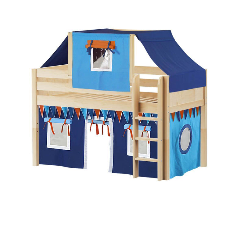 Maxtrix Twin Low Loft Bed with Straight Ladder, Curtain + Top Tent