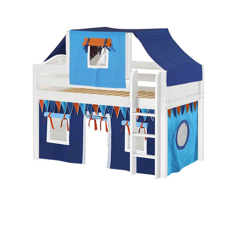 Maxtrix Twin Low Loft Bed with Straight Ladder, Curtain + Top Tent