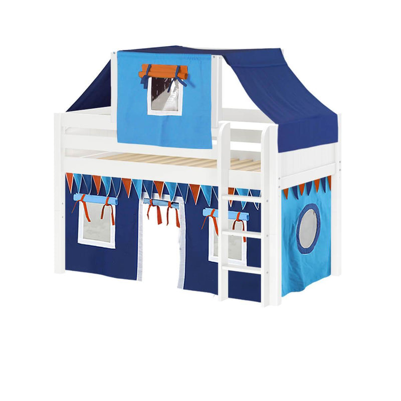 Maxtrix Twin Low Loft Bed with Straight Ladder, Curtain + Top Tent