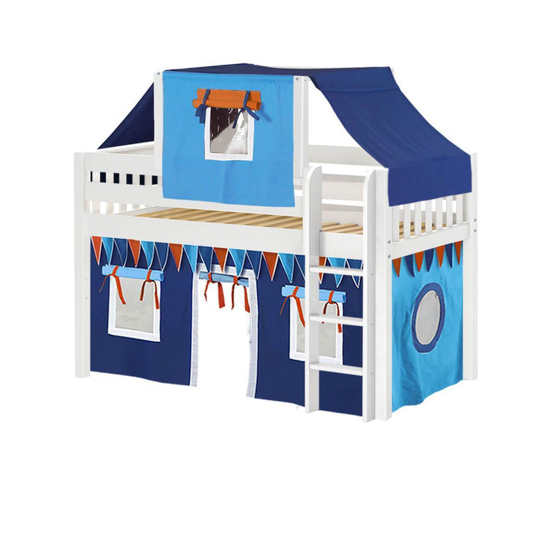 Maxtrix Twin Low Loft Bed with Straight Ladder, Curtain + Top Tent